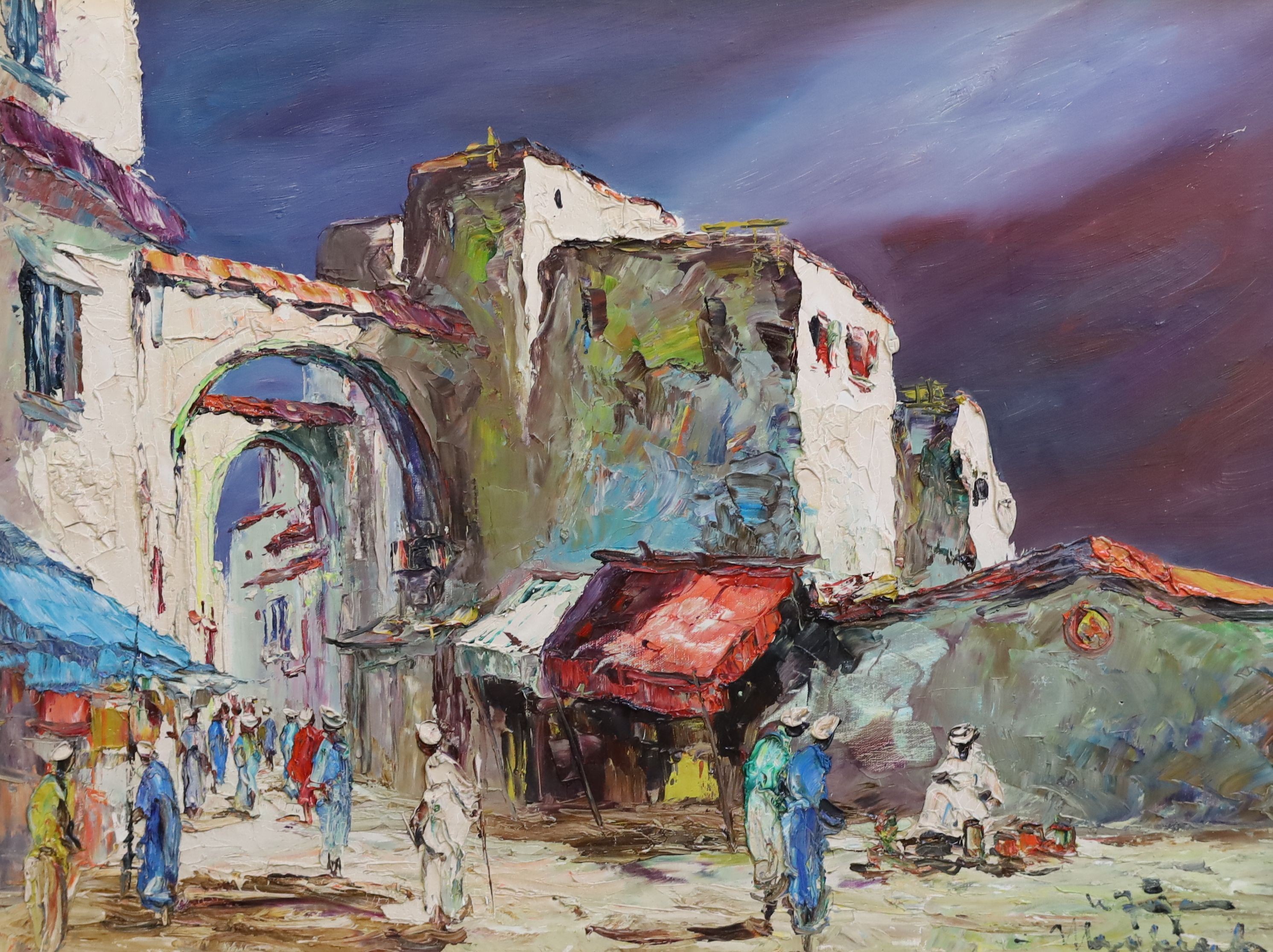 North African School, oil on canvas, Street scene, indistinctly signed, William Rivett label verso, 59 x 78cm